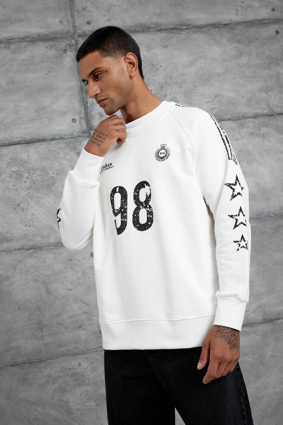 Beyaz 98 Baskılı Çizgili Tasarım Oversize Sweatshirt