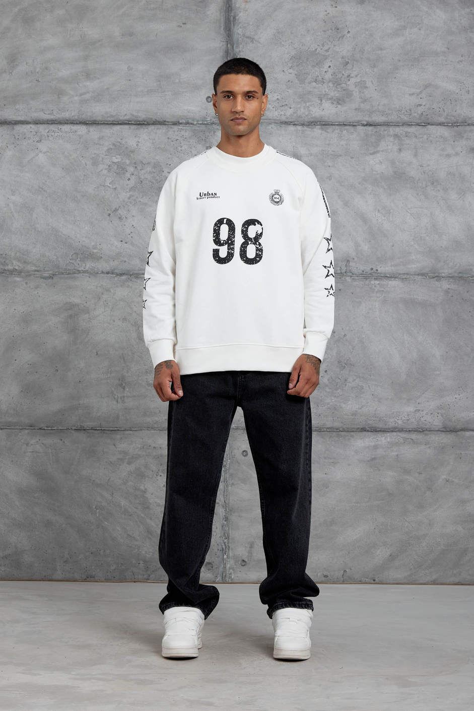 Beyaz 98 Baskılı Çizgili Tasarım Oversize Sweatshirt