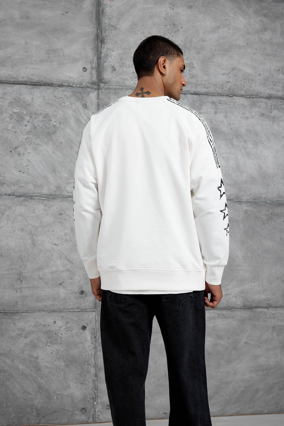 Beyaz 98 Baskılı Çizgili Tasarım Oversize Sweatshirt