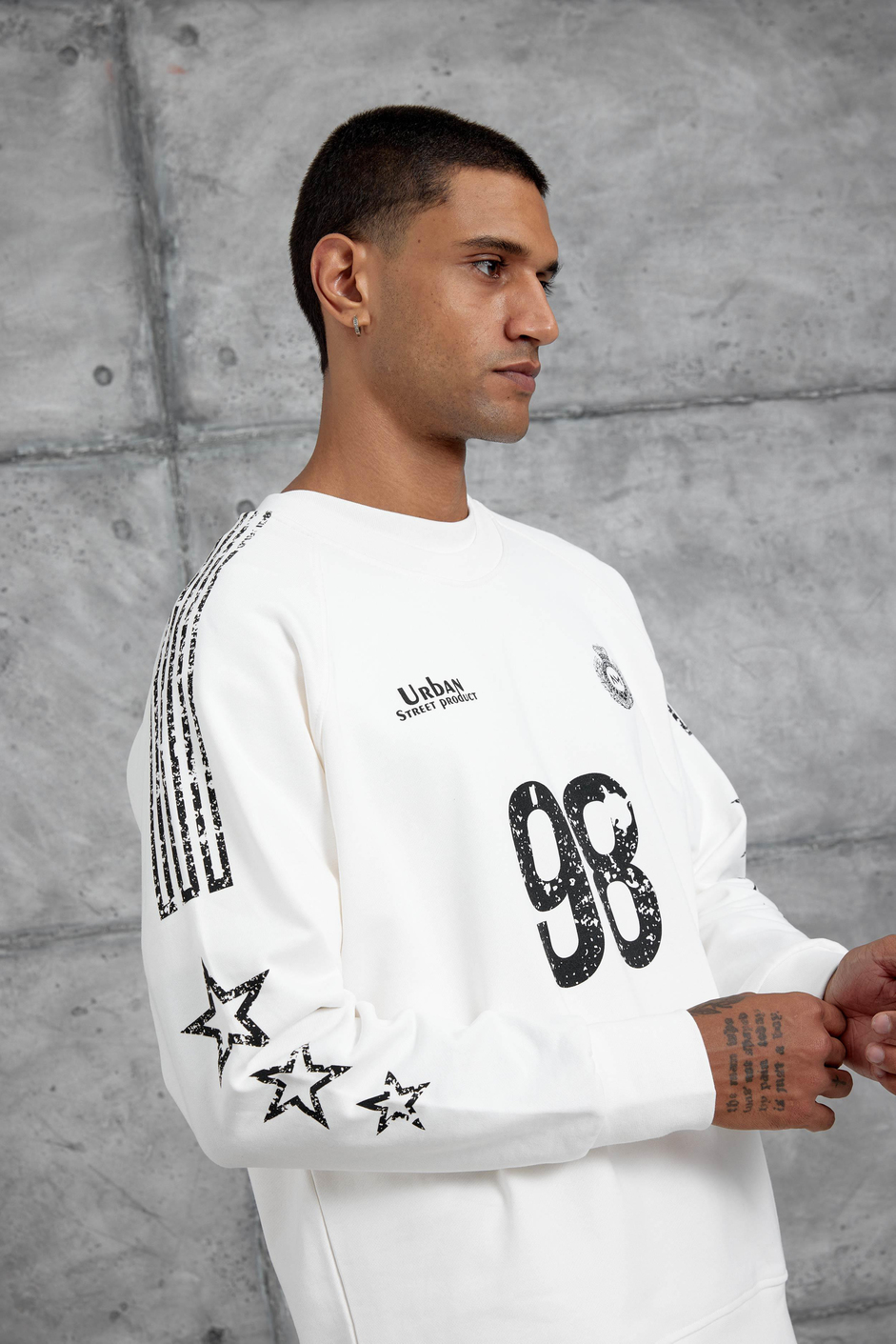 Beyaz 98 Baskılı Çizgili Tasarım Oversize Sweatshirt