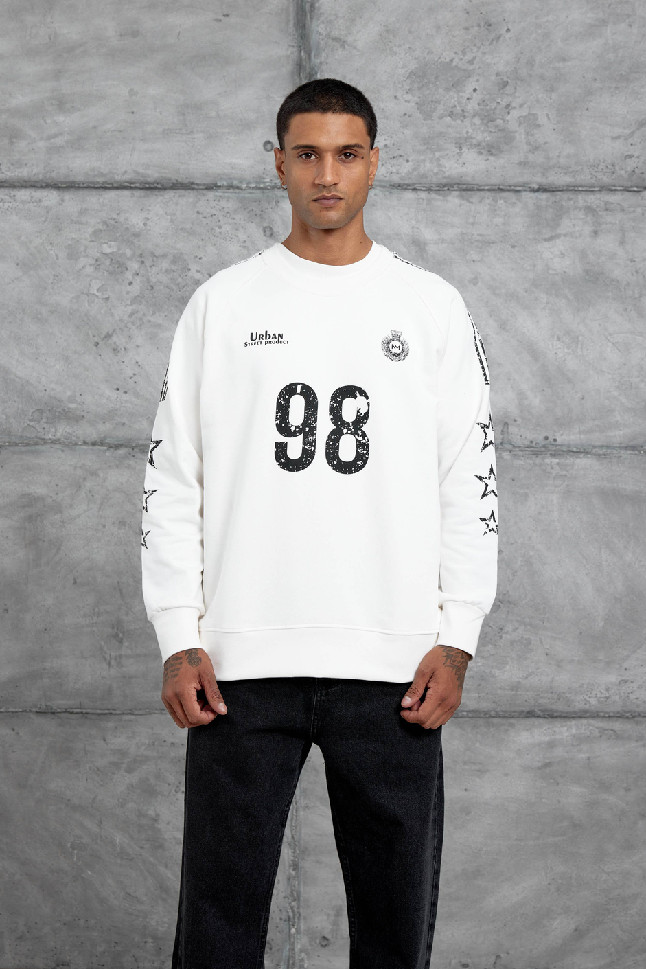 Beyaz 98 Baskılı Çizgili Tasarım Oversize Sweatshirt