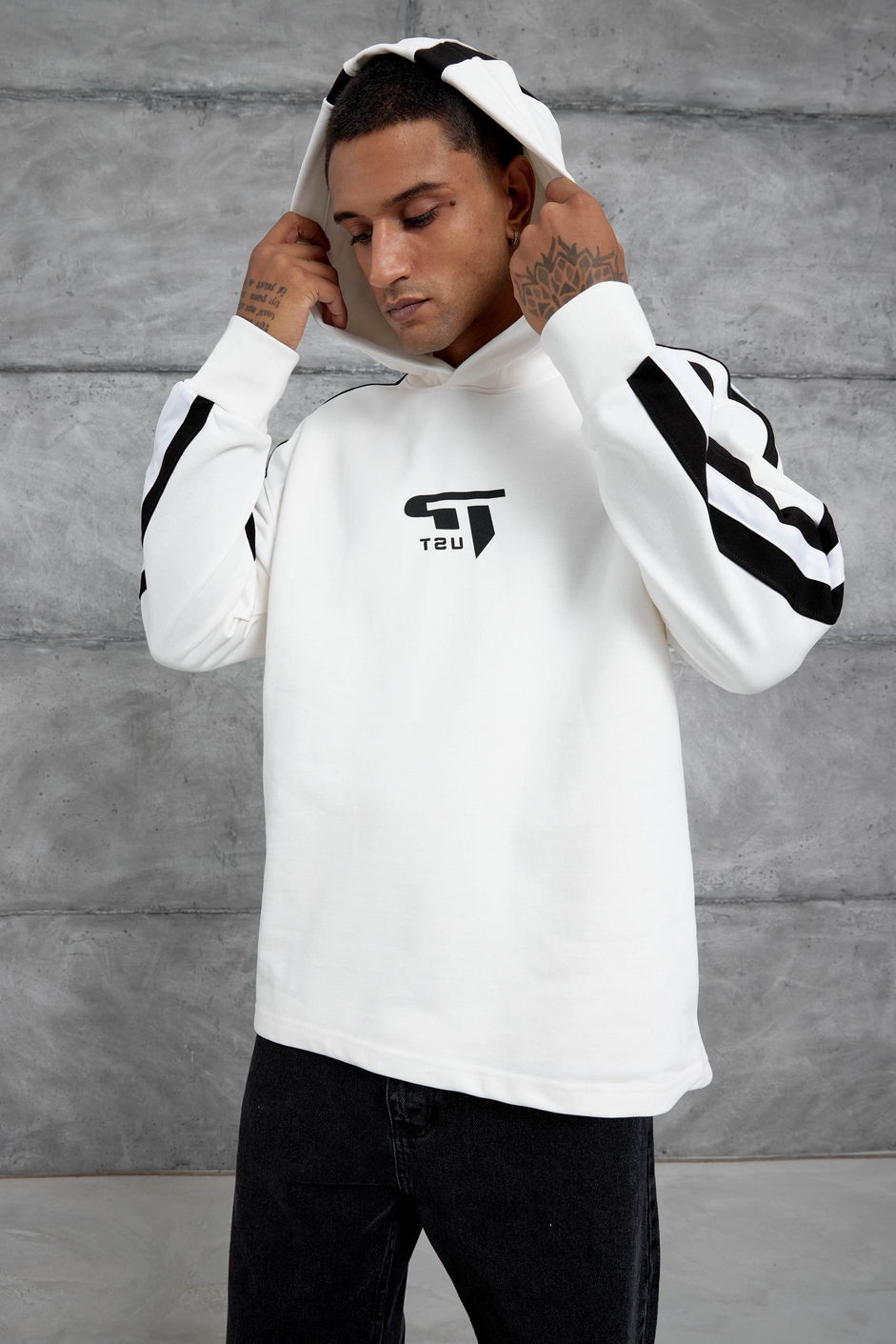 Beyaz Advance Baskılı Kapüşonlu Oversize Sweatshirt