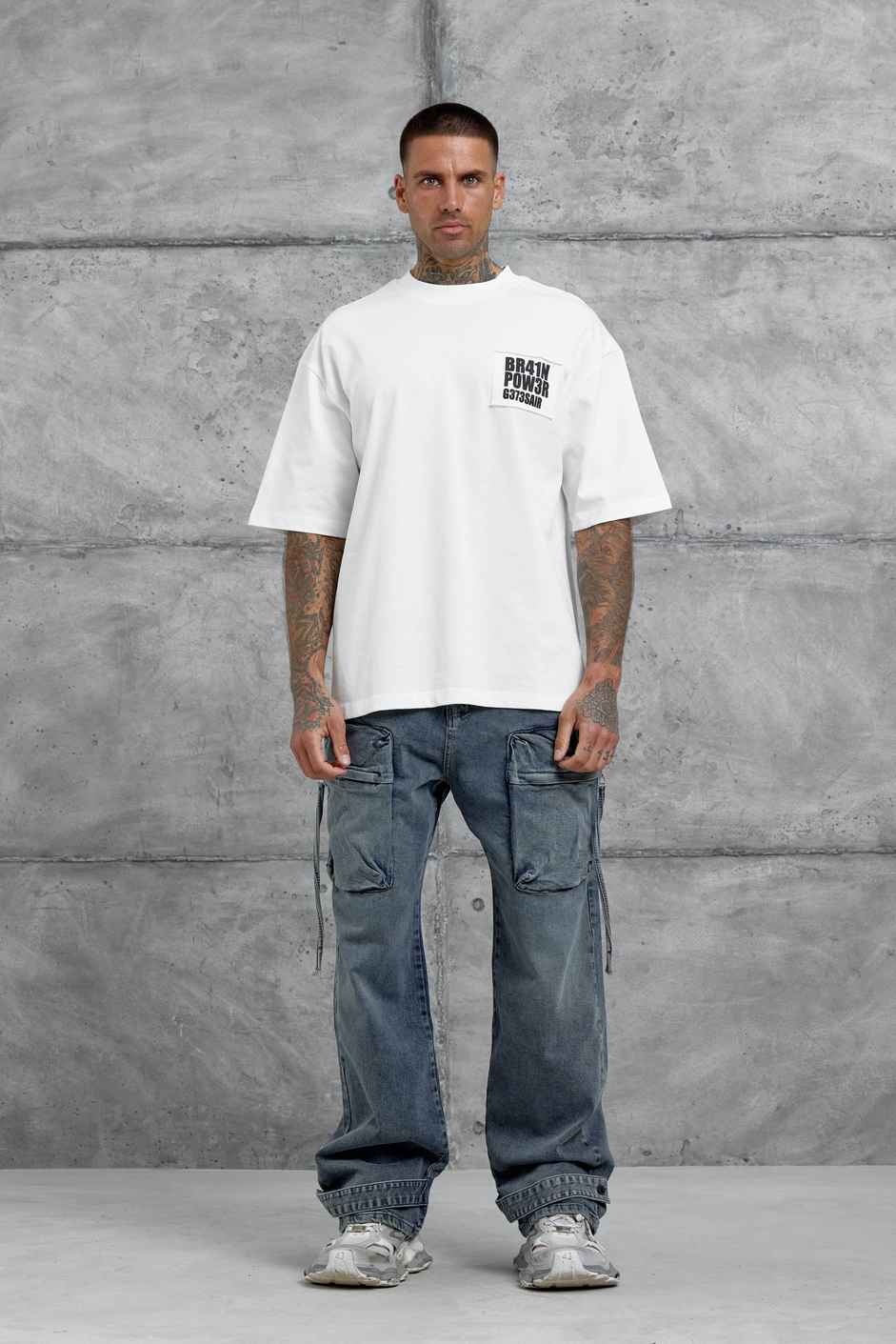 Beyaz Br41n Pow3r Yazılı Oversize Tshirt
