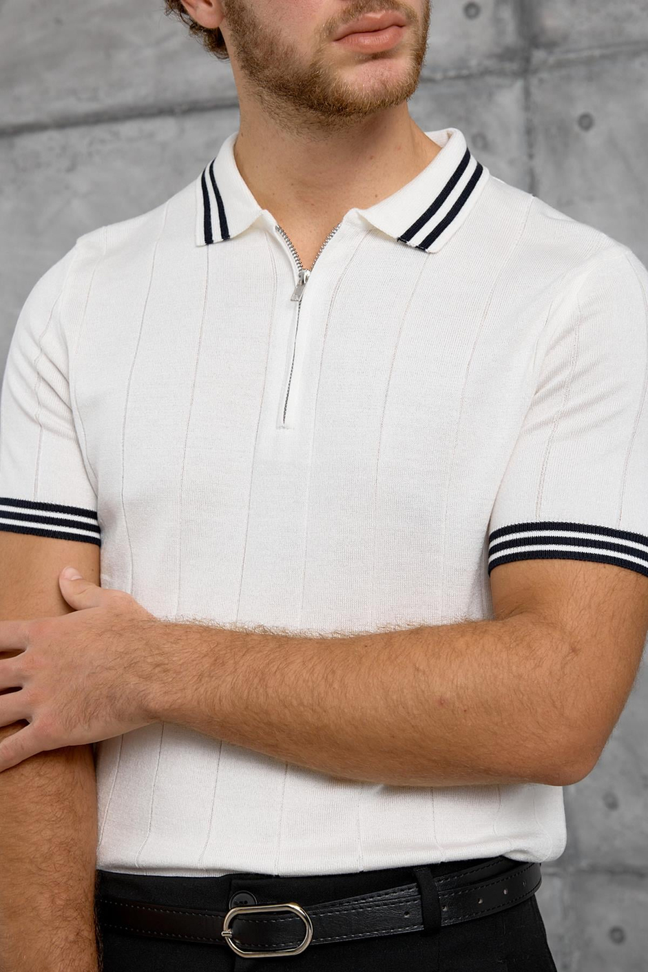 Beyaz DPP YAKA ÇİZGİLİ TRİKO TSHIRT