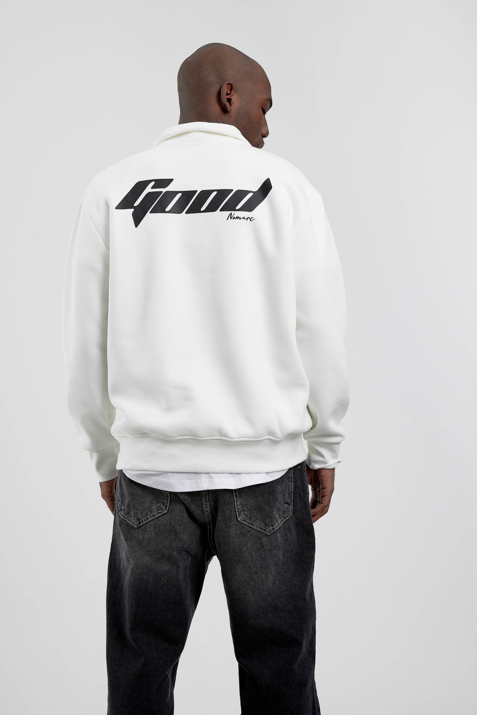 Beyaz Good Yazılı Yarım Fermuarlı Sweatshirt