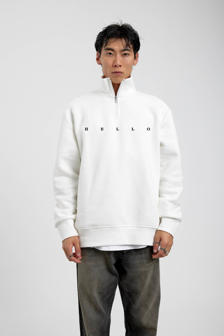 Beyaz Hello Yazılı Yarım Fermuarlı Sweatshirt