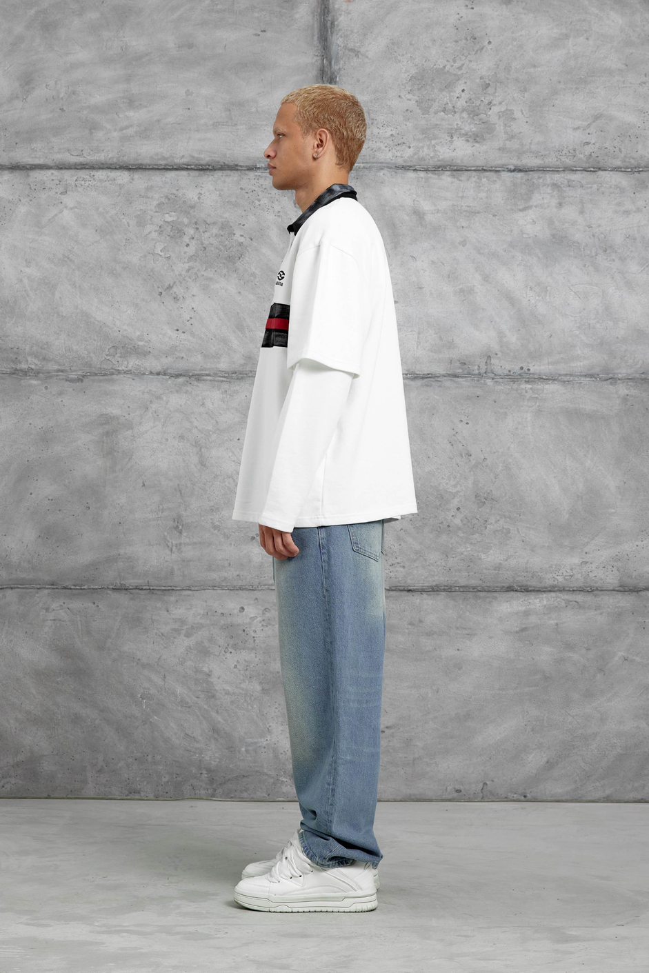 Beyaz Nmrc Polo Yaka Kolu Parçalı Oversize Sweatshirt