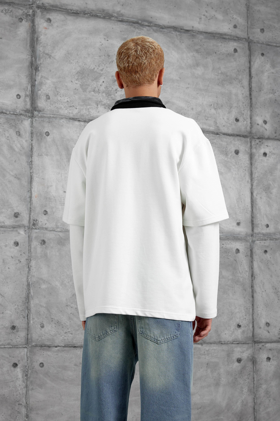 Beyaz Nmrc Polo Yaka Kolu Parçalı Oversize Sweatshirt