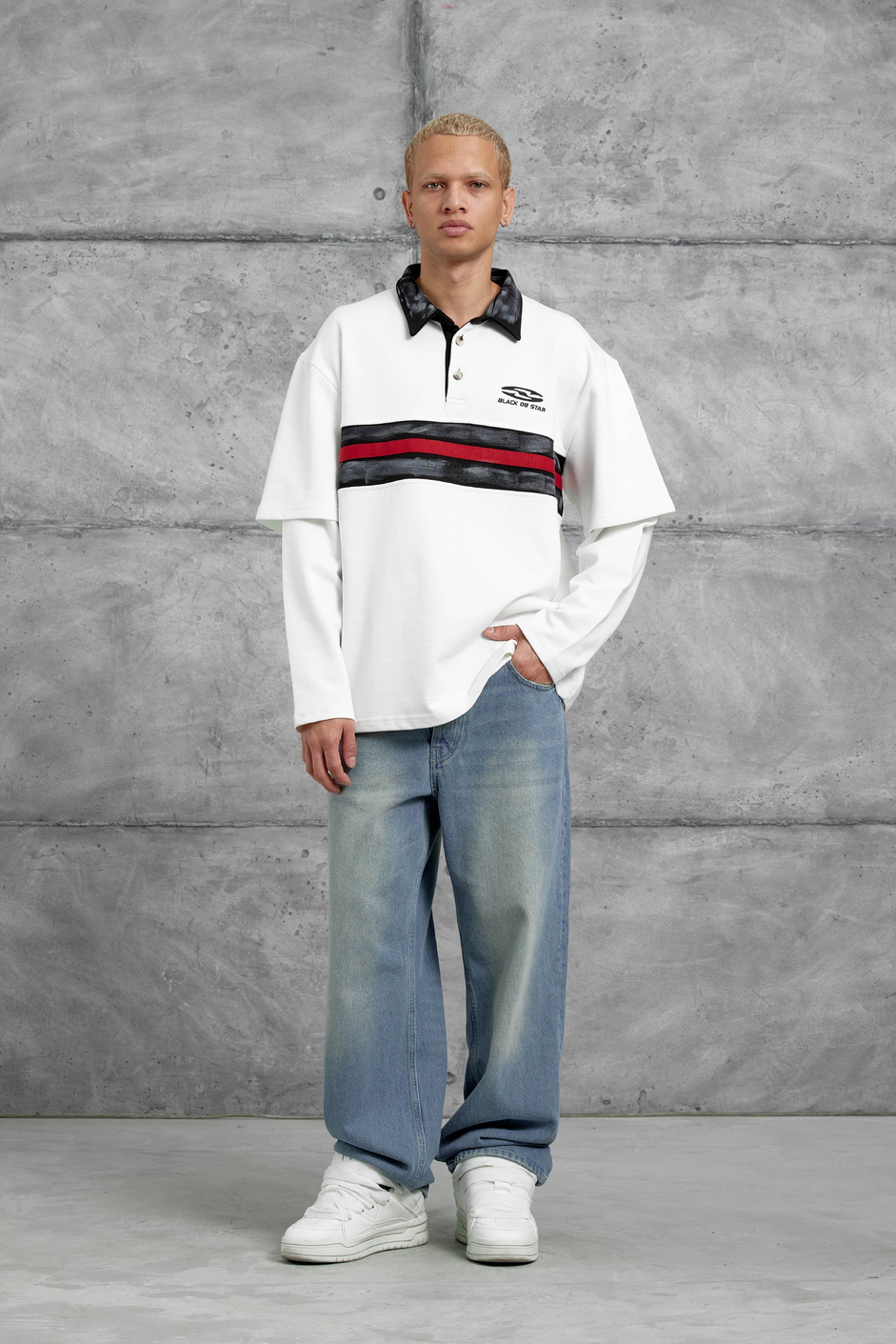 Beyaz Nmrc Polo Yaka Kolu Parçalı Oversize Sweatshirt