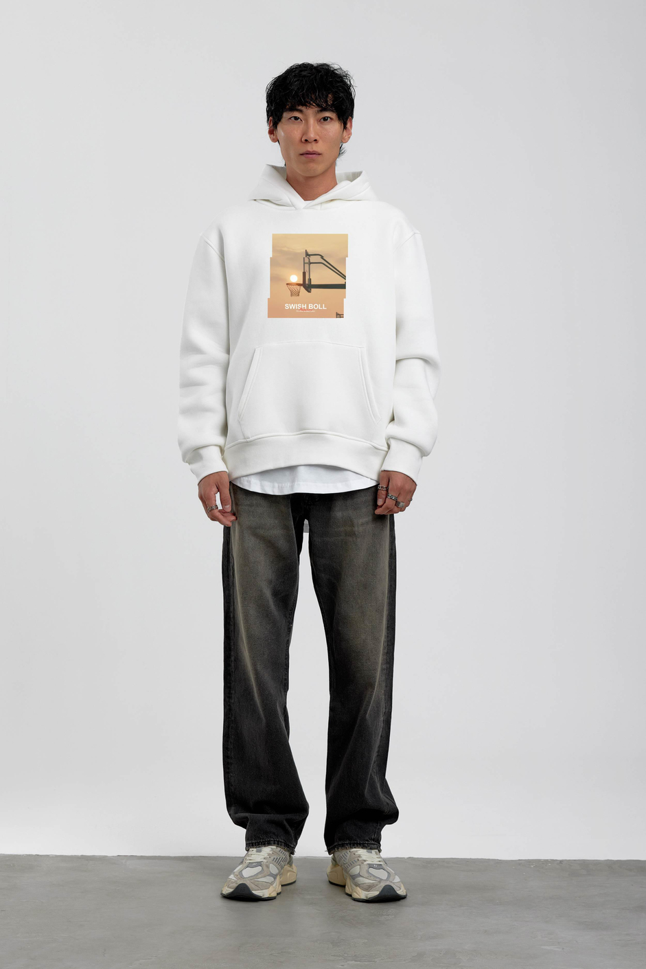 Beyaz Pota Baskılı Kapüşonlu Sweatshirt