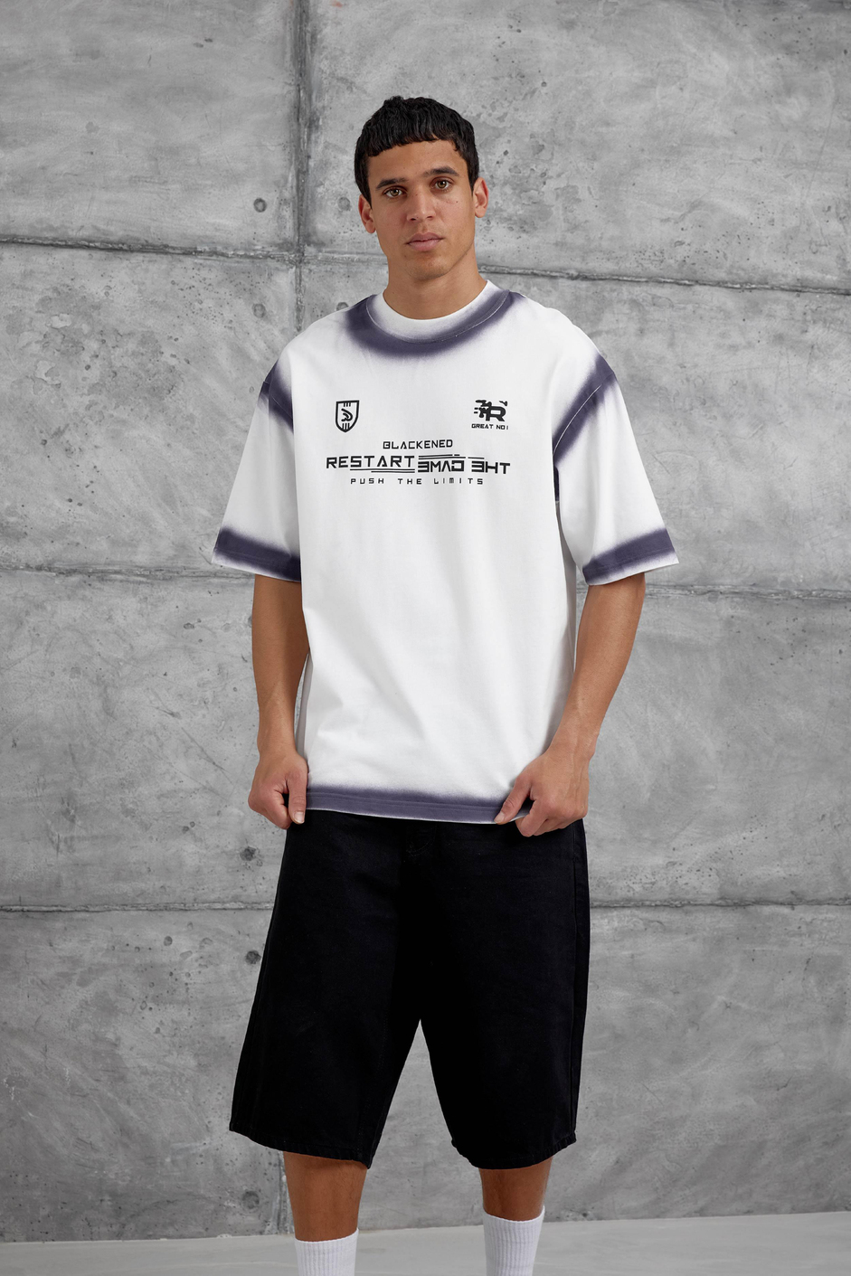 Beyaz Restart Baskılı Oversize Tshirt