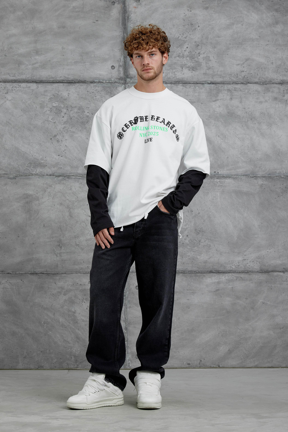 Beyaz Rolling Stone Baskılı Parça Kollu Sweatshirt