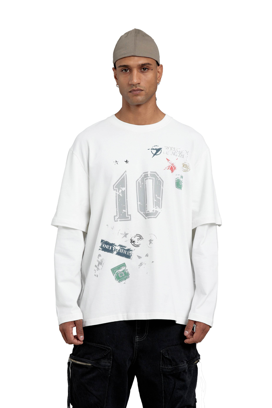 Beyaz Sayı Baskılı Oversize Kolu Parçalı Tasarım Sweatshirt