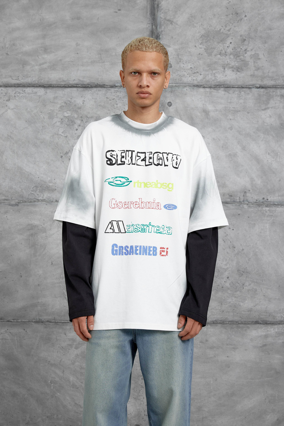 Beyaz Sebizegva Baskılı Parça Kollu Sweatshirt