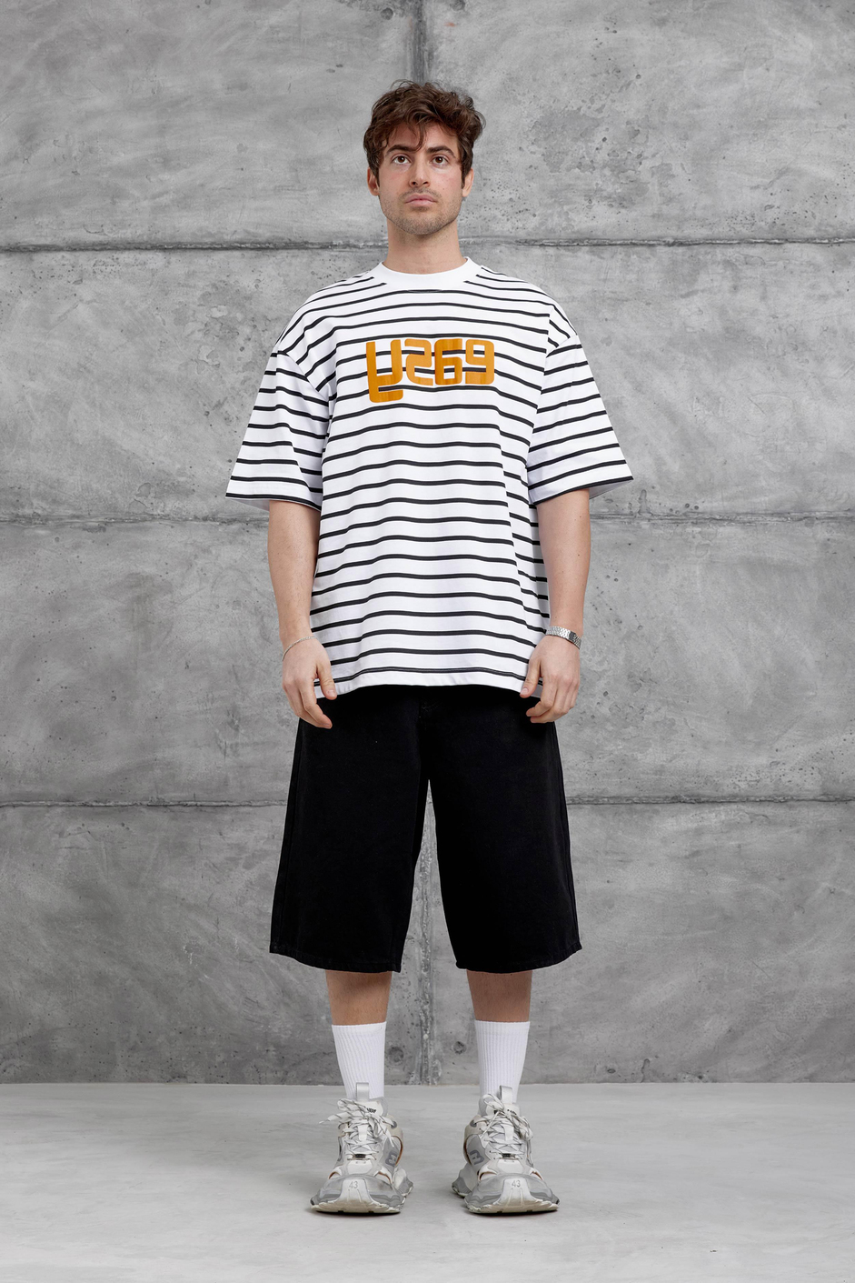 Beyaz Y269 Baskılı ve Çizgili Oversize Tshirt