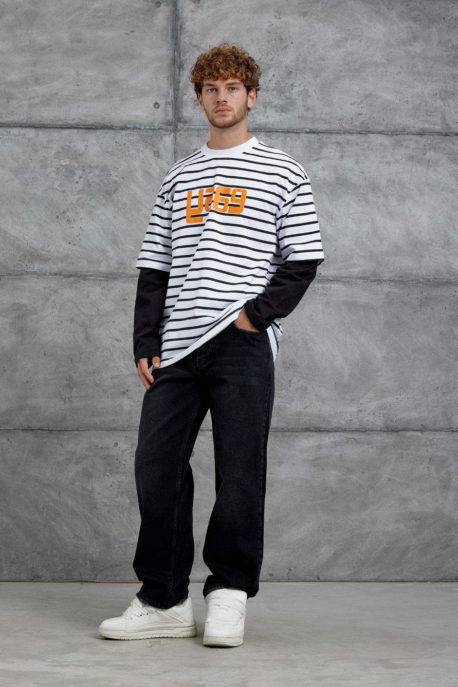 Beyaz Y269 Parça Kollu Çizgili Oversize Swaetshirt