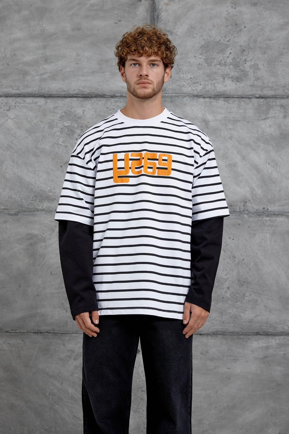 Beyaz Y269 Parça Kollu Çizgili Oversize Swaetshirt