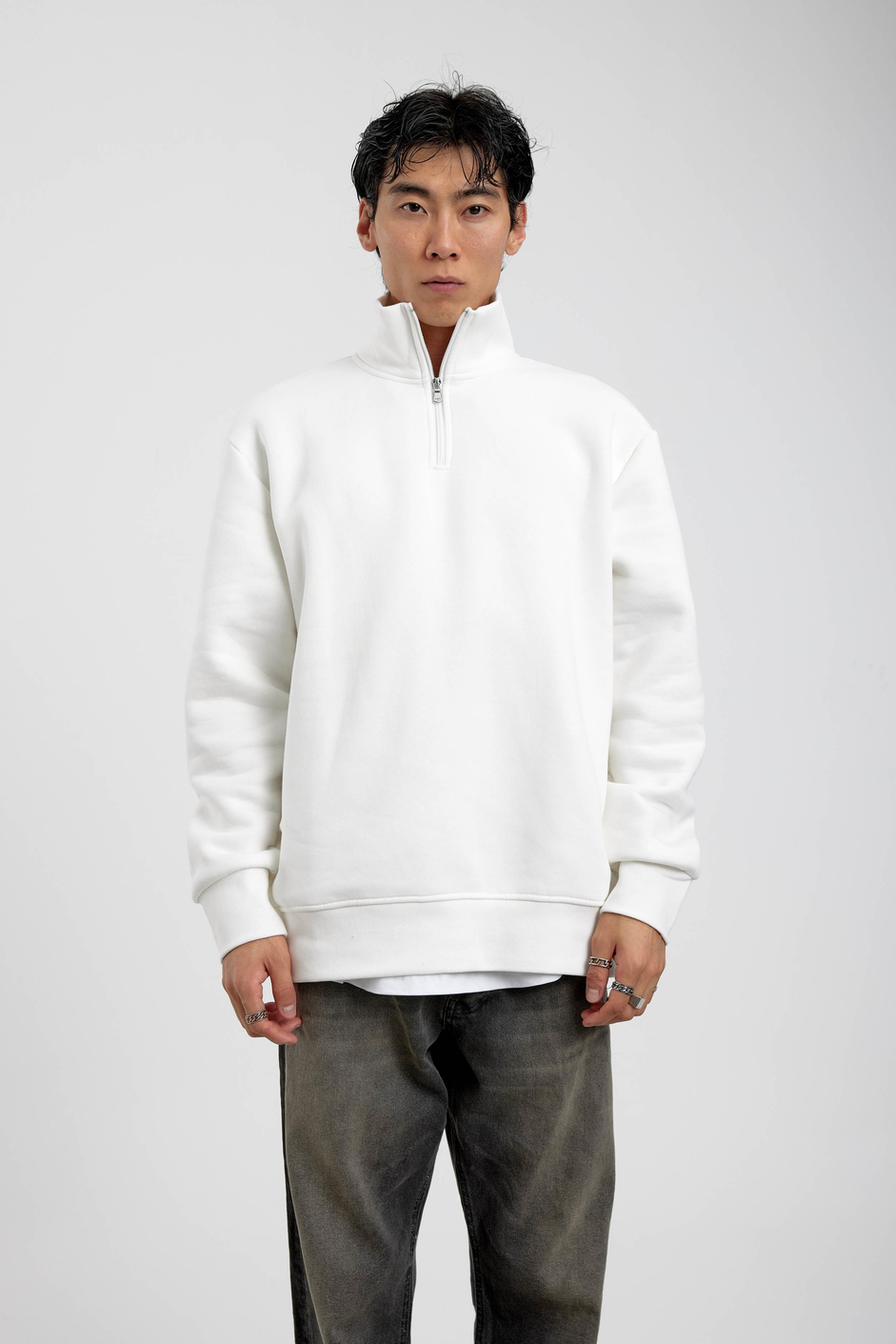 Beyaz Yakası Fermuarlı Basic Şardonlu Sweatshirt