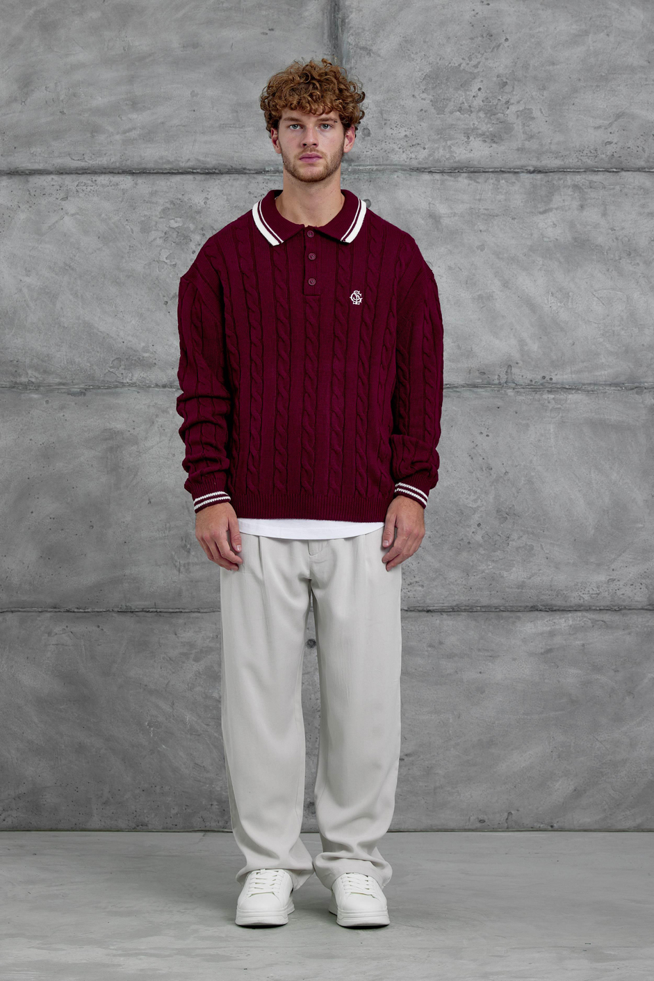 Bordo Gst Polo Yaka Örme Oversize Triko