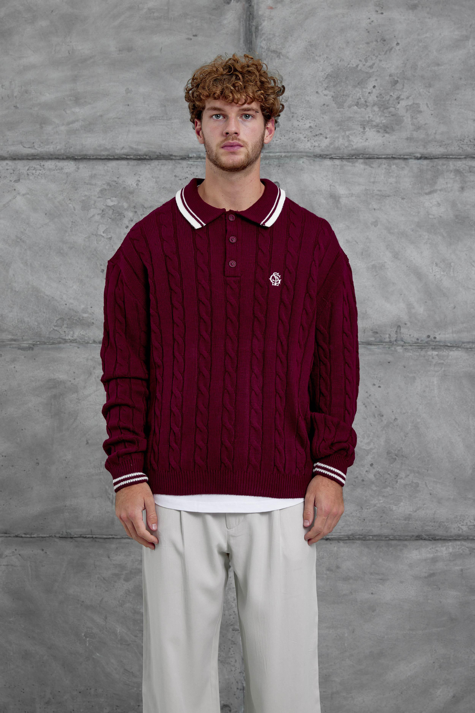 Bordo Gst Polo Yaka Örme Oversize Triko