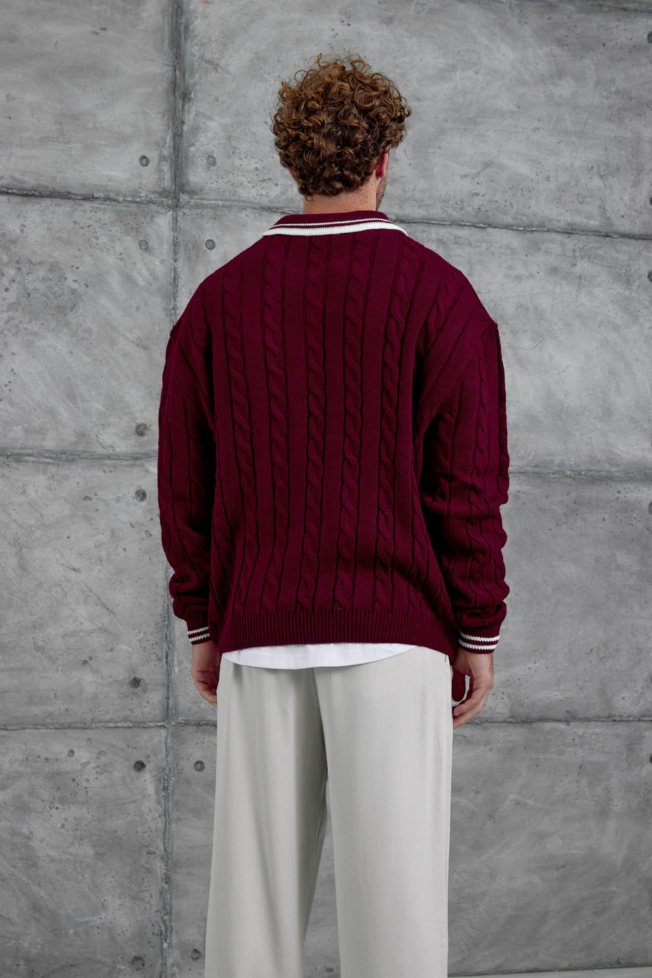 Bordo Gst Polo Yaka Örme Oversize Triko