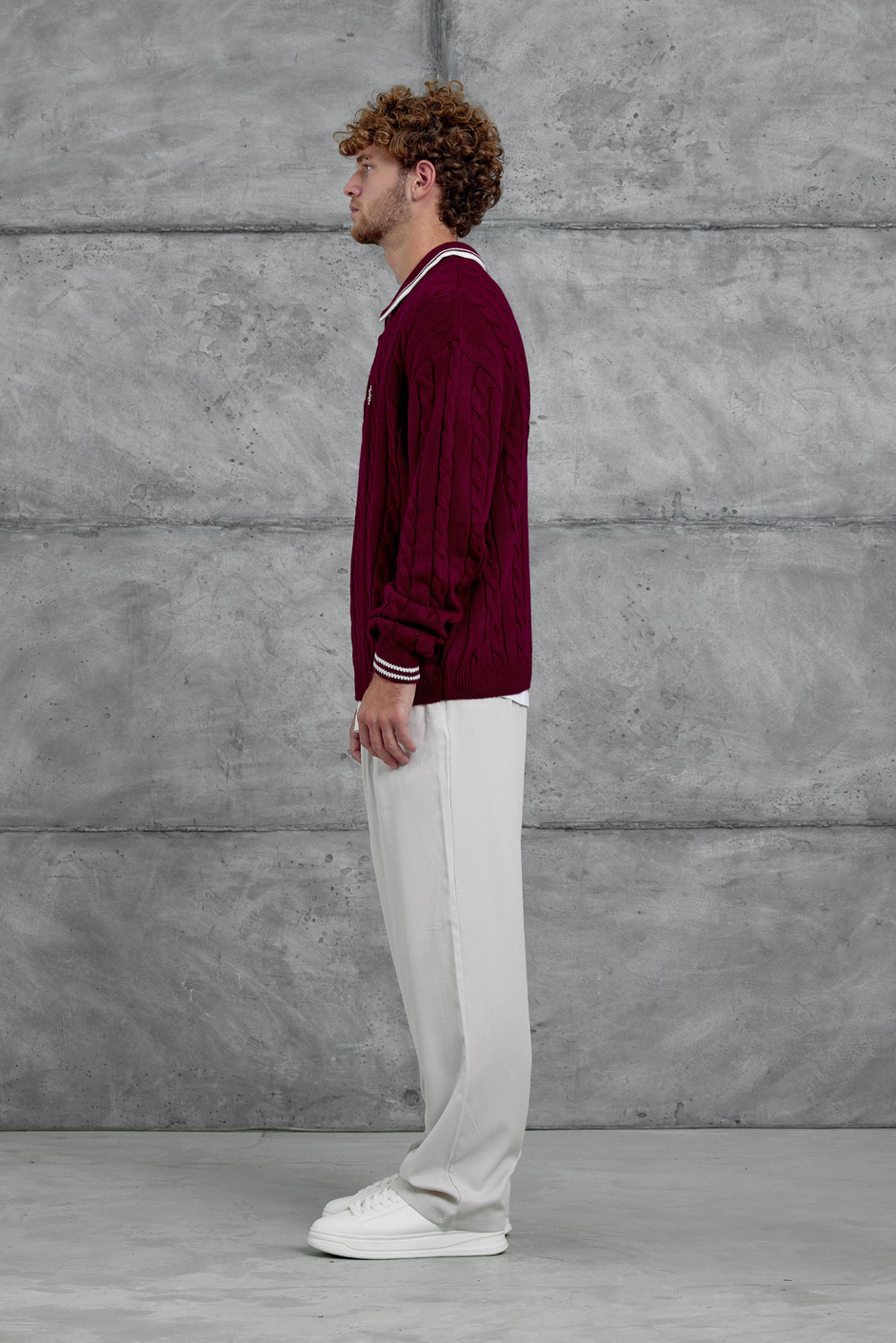 Bordo Gst Polo Yaka Örme Oversize Triko