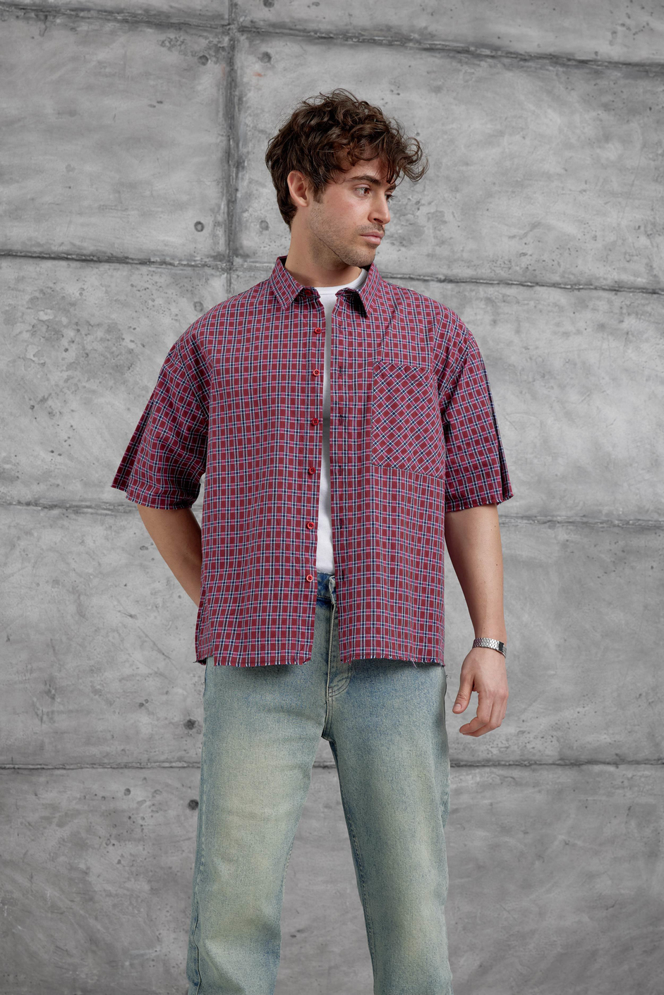 Bordo Kareli Kısa Kol Oversize Gömlek