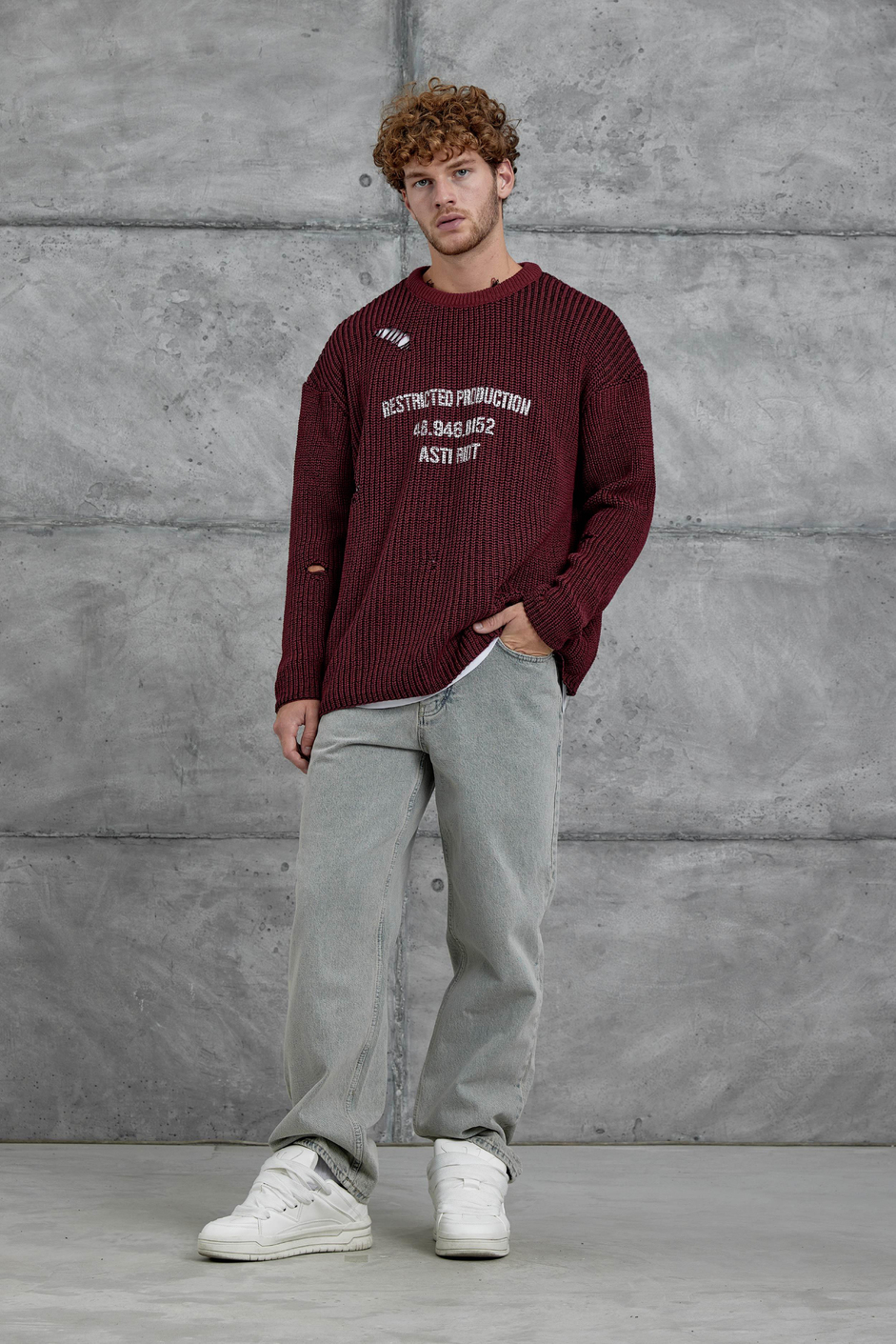 Bordo Nmrc Yırtık Detaylı Oversize Triko