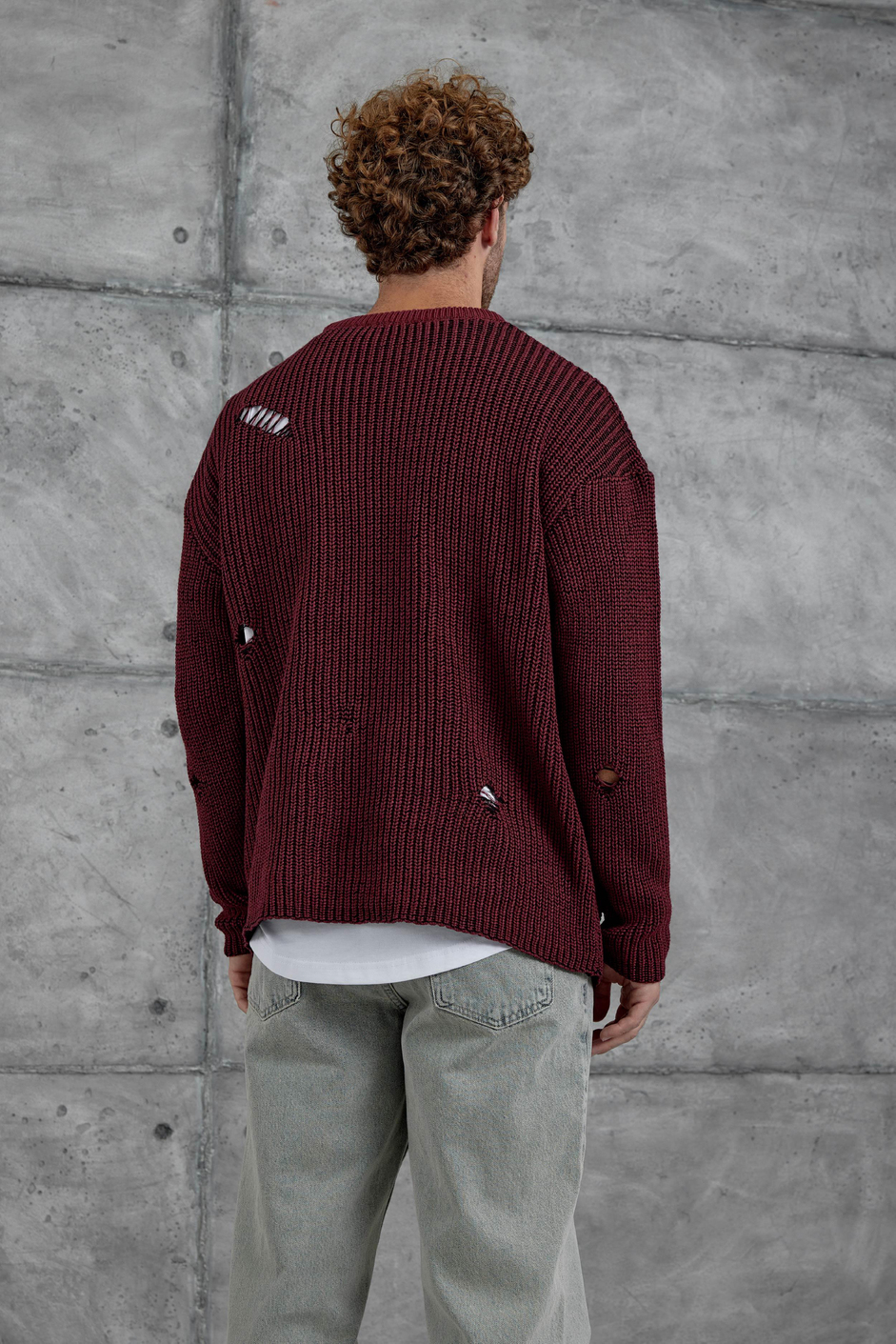 Bordo Nmrc Yırtık Detaylı Oversize Triko