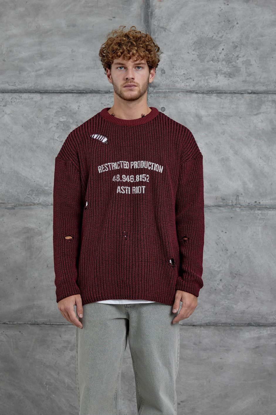 Bordo Nmrc Yırtık Detaylı Oversize Triko