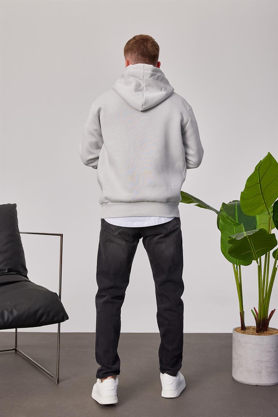 Brooklyn Baskılı Gri Kapüşonlu Sweatshirt