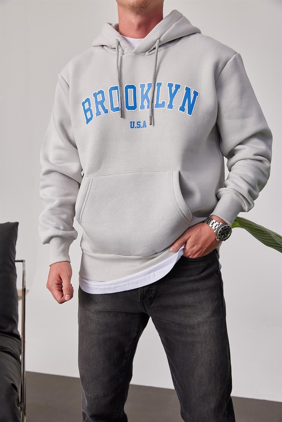 Brooklyn Baskılı Gri Kapüşonlu Sweatshirt