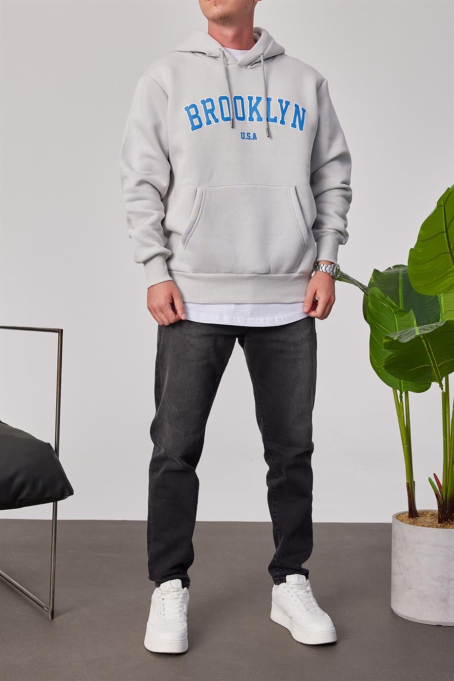 Brooklyn Baskılı Gri Kapüşonlu Sweatshirt