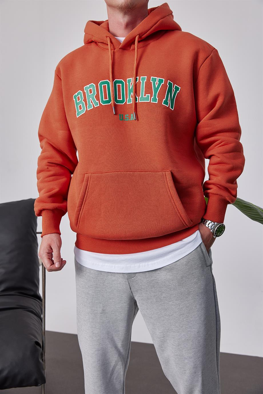 Brooklyn Baskılı Kiremit Kapüşonlu Sweatshirt