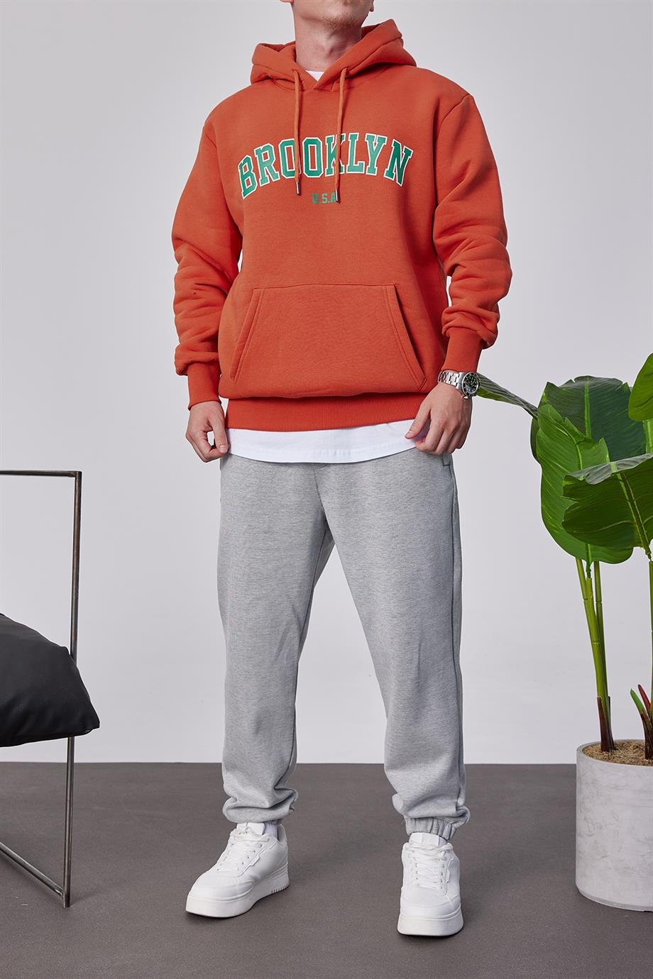 Brooklyn Baskılı Kiremit Kapüşonlu Sweatshirt