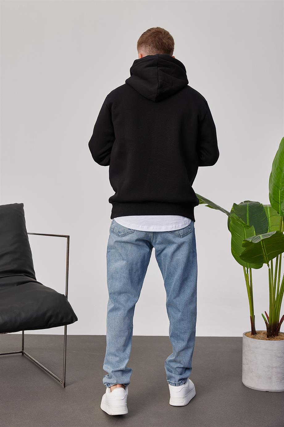 Brooklyn Baskılı Siyah Kapüşonlu Sweatshirt