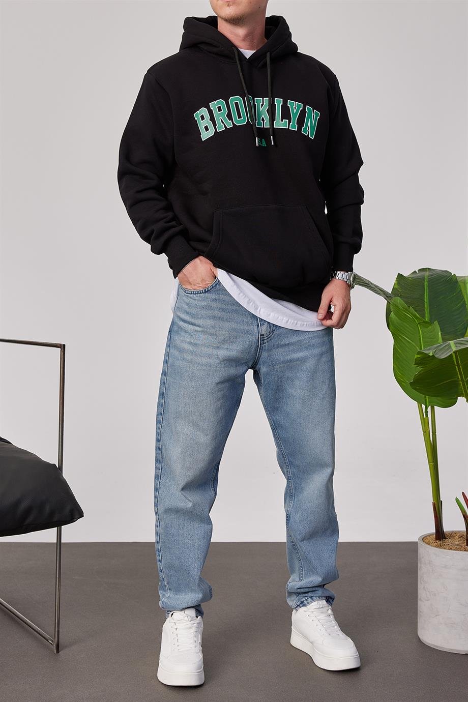 Brooklyn Baskılı Siyah Kapüşonlu Sweatshirt