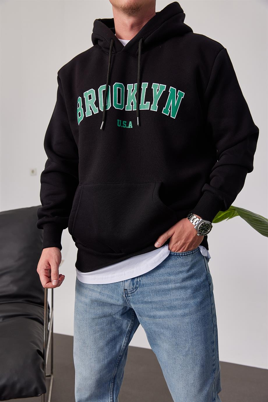 Brooklyn Baskılı Siyah Kapüşonlu Sweatshirt