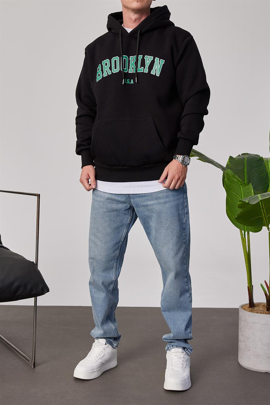 Brooklyn Baskılı Siyah Kapüşonlu Sweatshirt