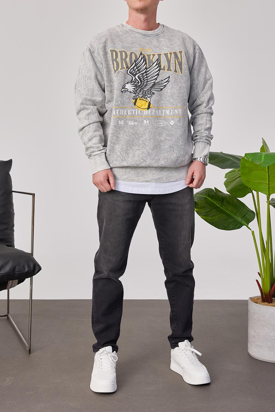 Brooklyn Yıkamalı Gri Sweatshirt