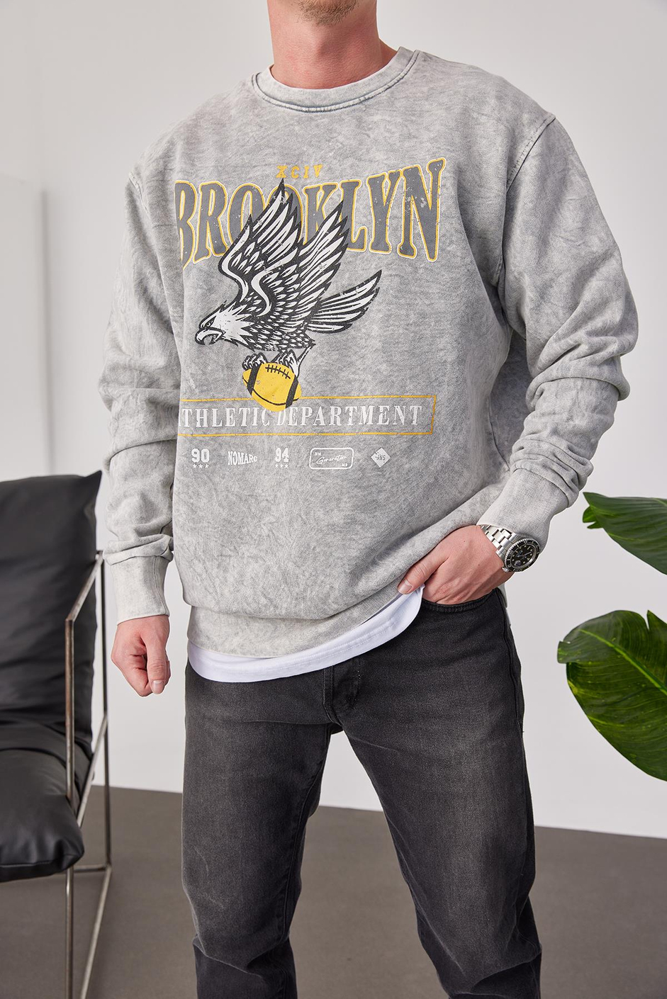 Brooklyn Yıkamalı Gri Sweatshirt