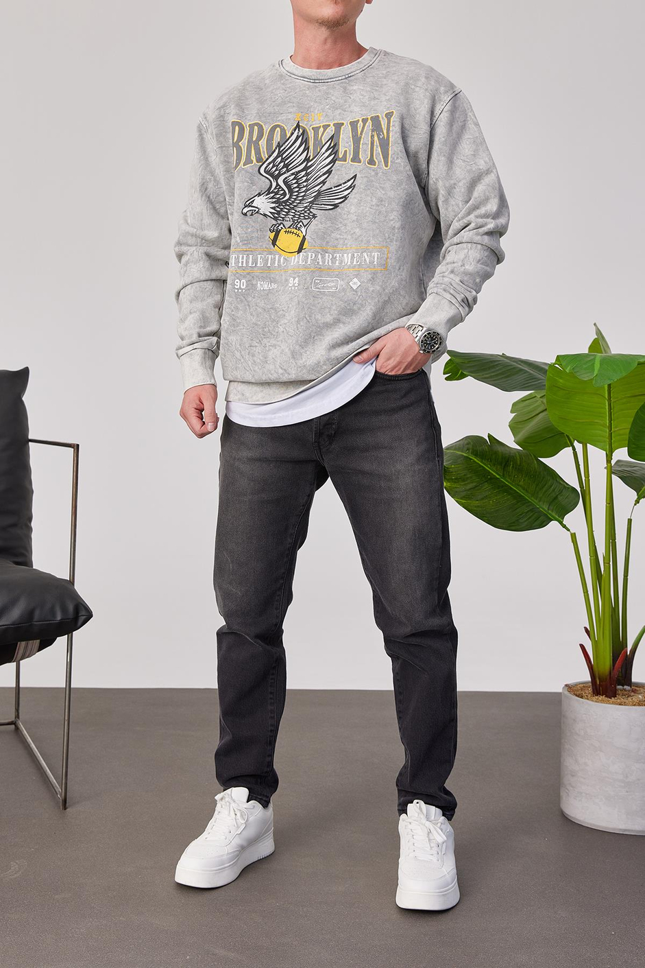 Brooklyn Yıkamalı Gri Sweatshirt