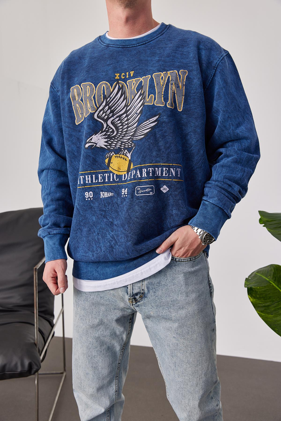 Brooklyn Yıkamalı Mavi Sweatshirt