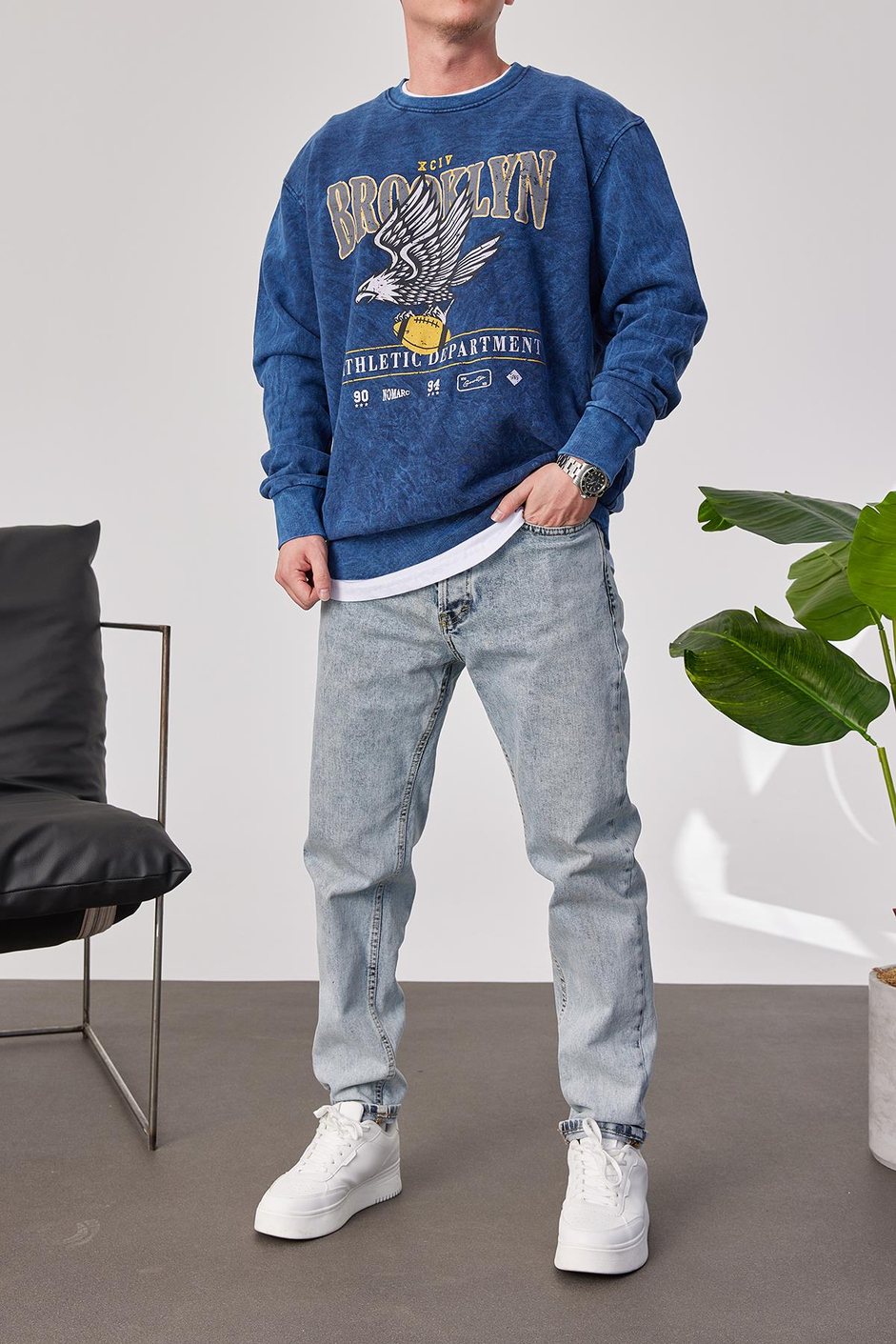 Brooklyn Yıkamalı Mavi Sweatshirt