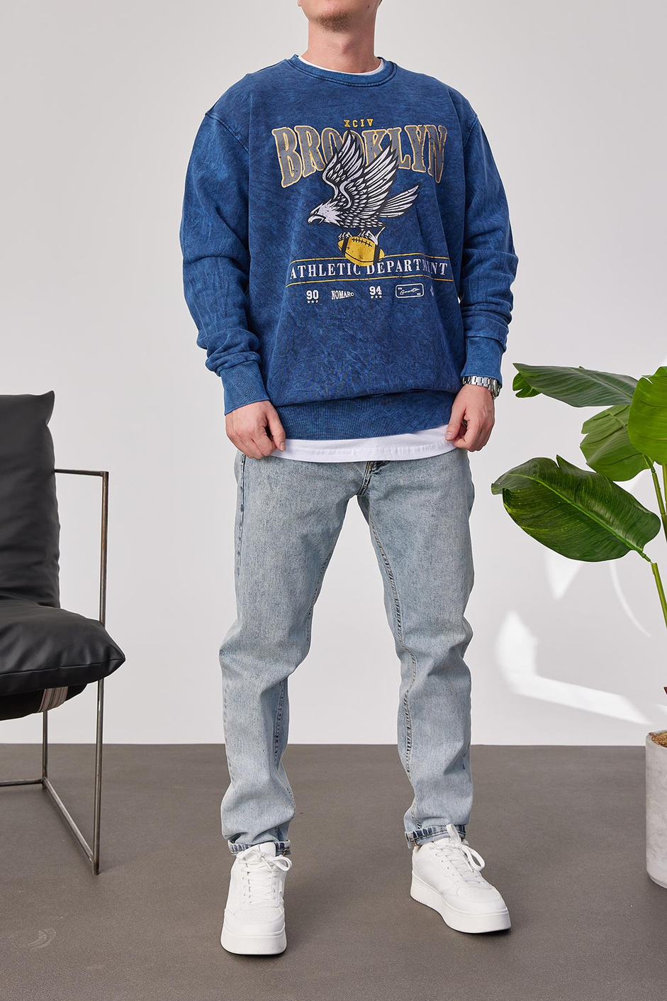 Brooklyn Yıkamalı Mavi Sweatshirt