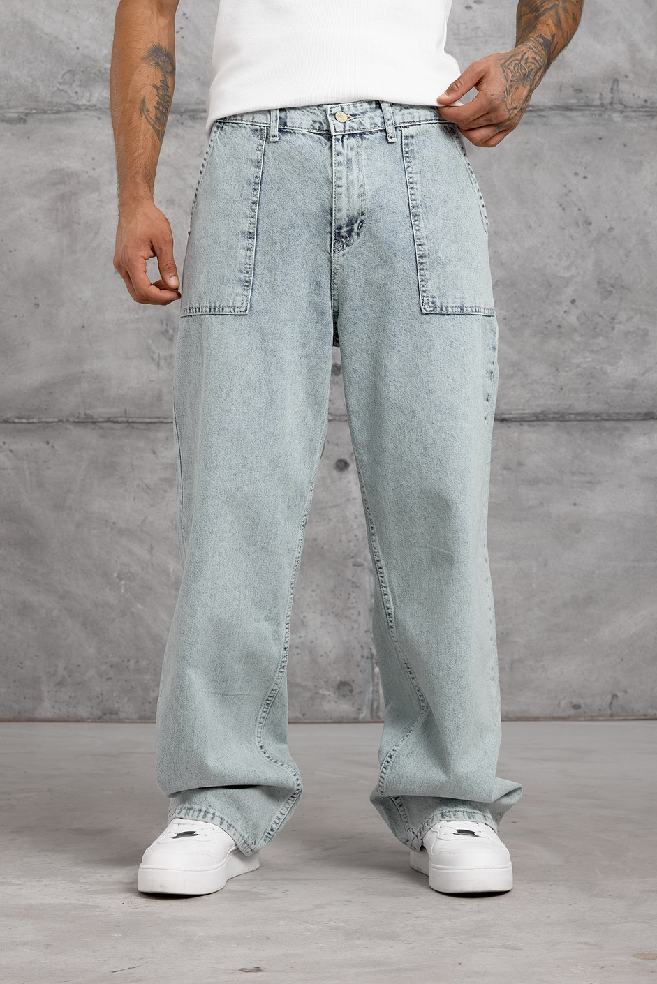 Buz Mavisi KARE CEP TAŞLAMALI BAGGY JEAN