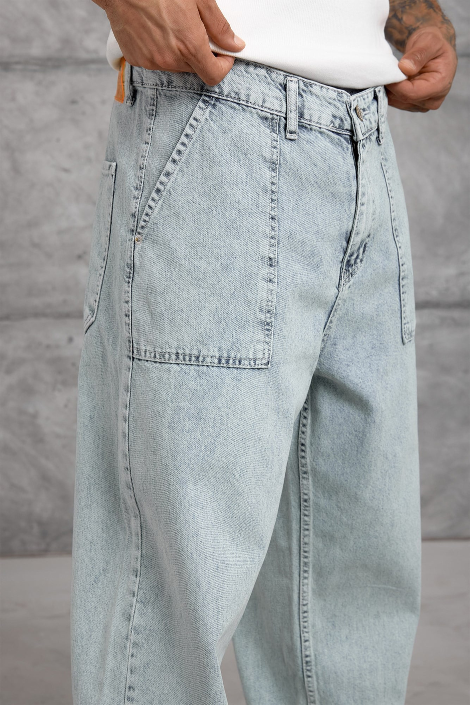 Buz Mavisi KARE CEP TAŞLAMALI BAGGY JEAN