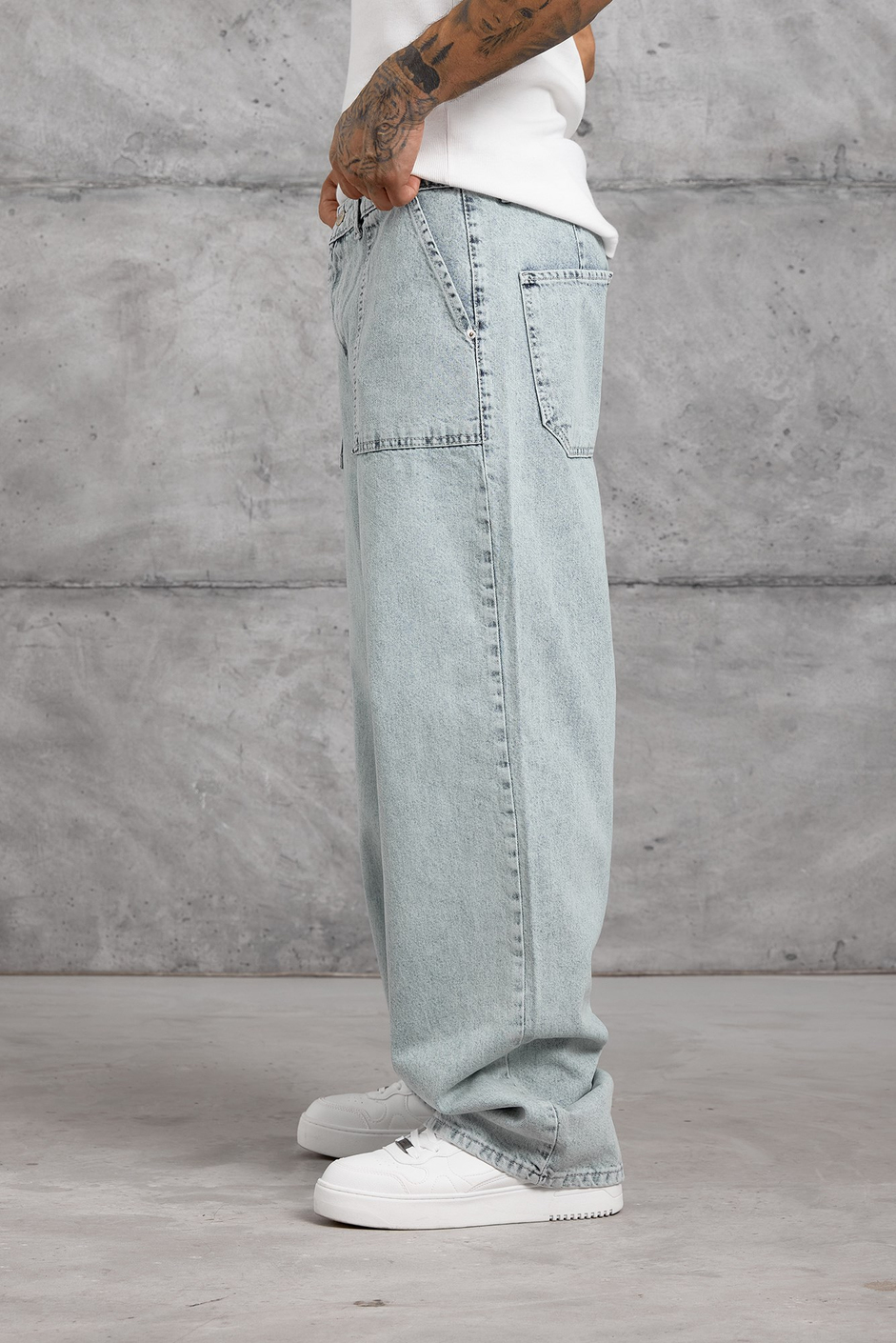 Buz Mavisi KARE CEP TAŞLAMALI BAGGY JEAN