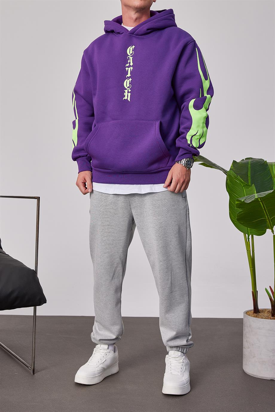 Catch Yazı Baskılı Mor Sweatshirt