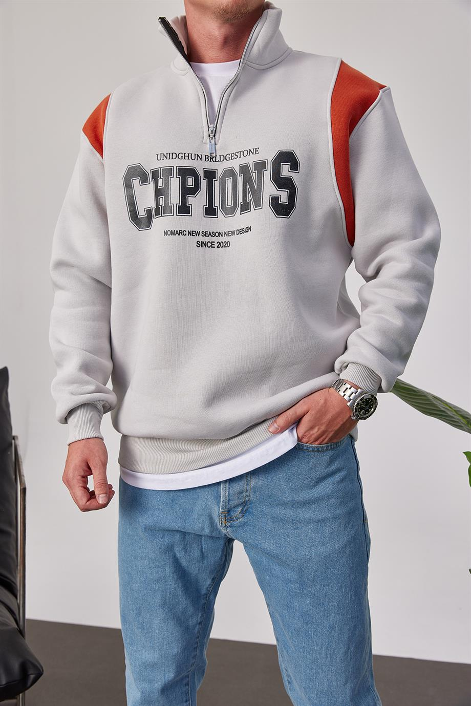 Chpions Yakası Fermuarlı Gri Sweatshirt